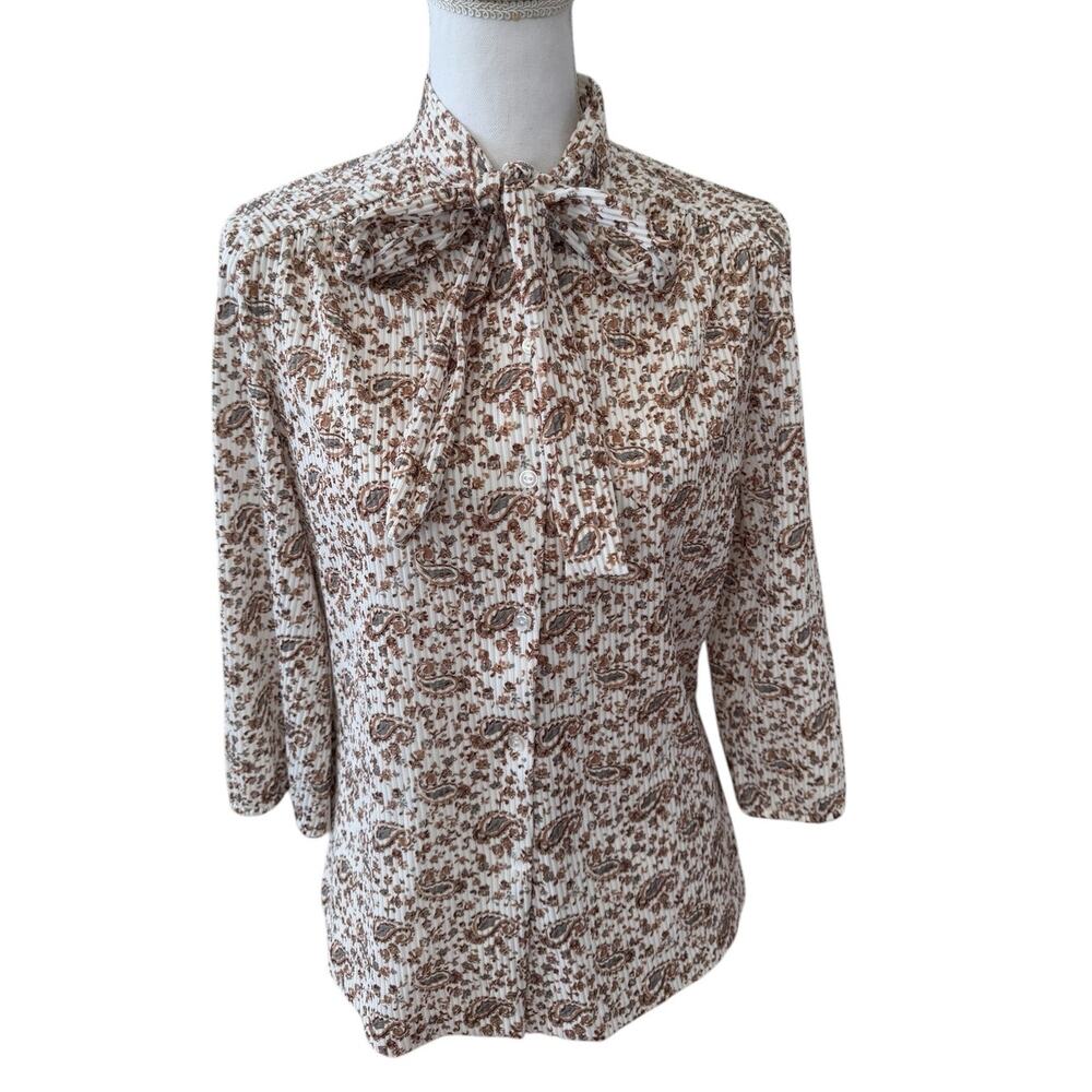 Vintage 70s Paisley Print Top Neck Tie Detail Cream Brown